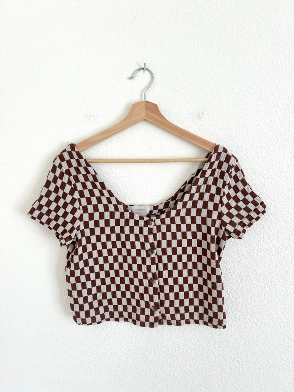 BRIXTON brown checked gauze cropped top / indie surfer beach / size M